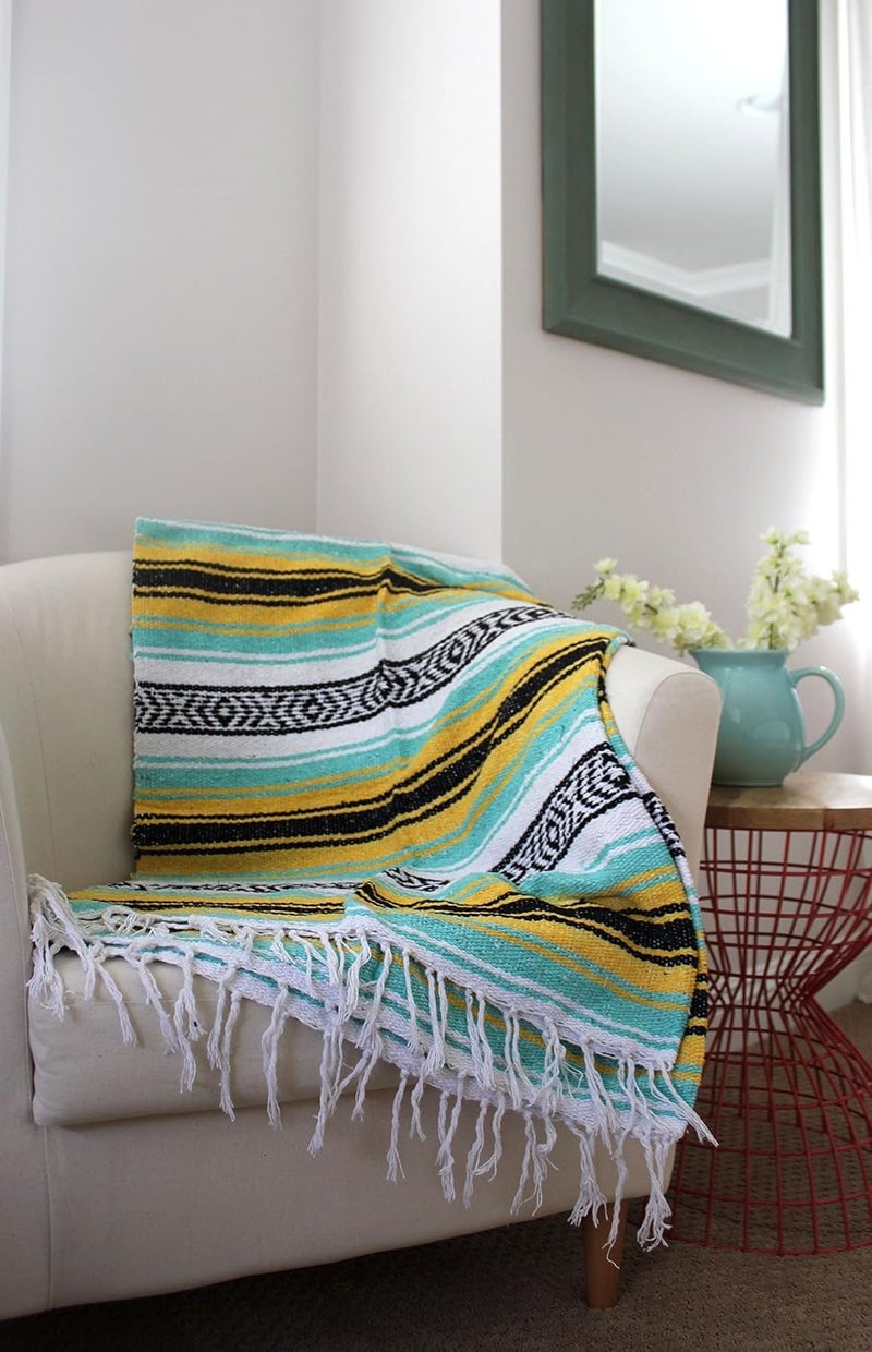 Del Mex Classic Mexican Blanket, Large Authentic Woven Falsa Throw (70"x50"), Artisan Southwest Décor for Beach, Yoga, Outdoors (Mint/Yellow) - Image 3