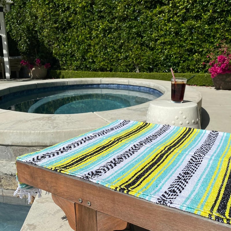 Del Mex Classic Mexican Blanket, Large Authentic Woven Falsa Throw (70"x50"), Artisan Southwest Décor for Beach, Yoga, Outdoors (Mint/Yellow) - Image 2