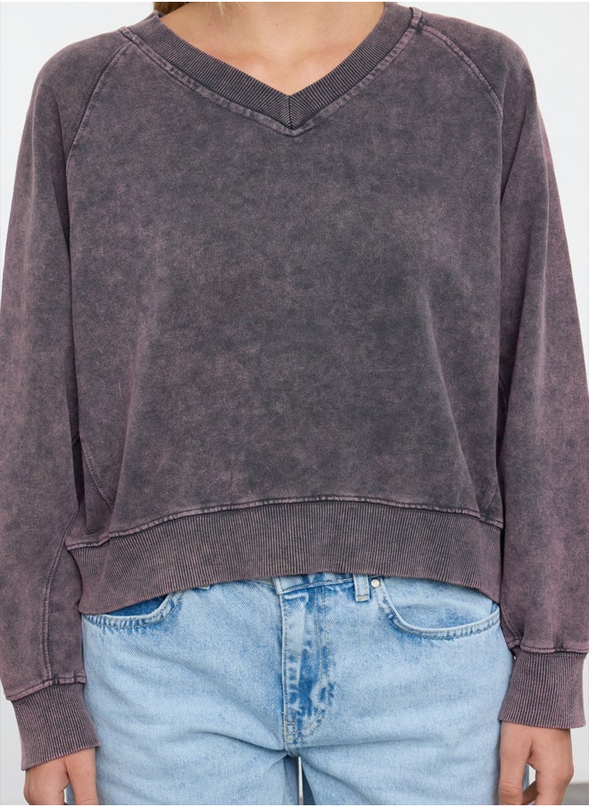 trendyol - Plum Washed Regular/Normal Pattern V-Neck Knitted Blouse TWOAW25BZ00181 - Image 1