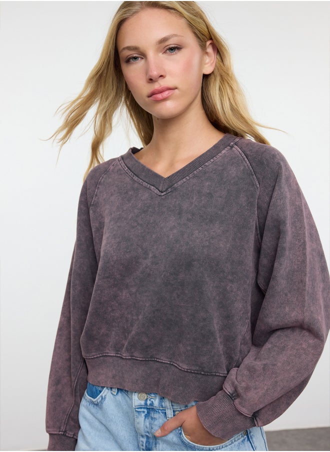 trendyol - Plum Washed Regular/Normal Pattern V-Neck Knitted Blouse TWOAW25BZ00181 - Image 1