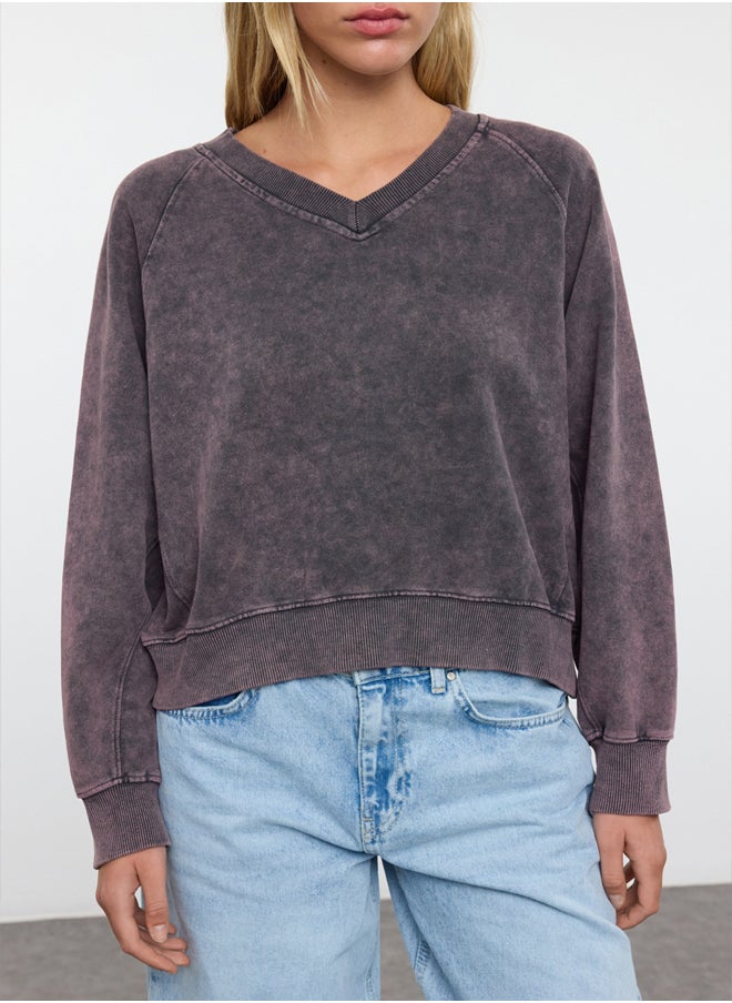 trendyol - Plum Washed Regular/Normal Pattern V-Neck Knitted Blouse TWOAW25BZ00181 - Image 1