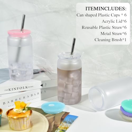 CHLJAR 16 Oz Plastic Mason Jars Mason Jars Cups with Lids and Straws, 6 Pack Frosted Acrylic Tumbler with Lid and Straw, Acrylic Mason Drinking Jars Cups Smoothies Cold Brew Juice Beer Coffee Milk, Frosted - Image 4
