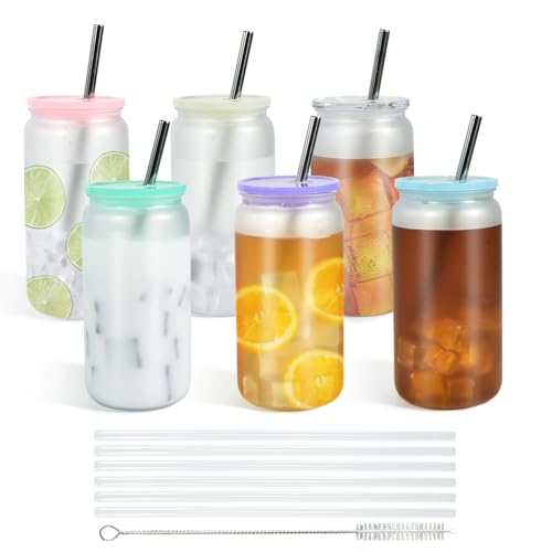 CHLJAR 16 Oz Plastic Mason Jars Mason Jars Cups with Lids and Straws, 6 Pack Frosted Acrylic Tumbler with Lid and Straw, Acrylic Mason Drinking Jars Cups Smoothies Cold Brew Juice Beer Coffee Milk, Frosted - Image 1