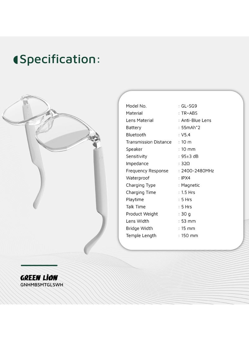 GREEN LION - GL-SG9Hamburg Smart Glasses / Play & Pause / Answer & Reject Calls / Anti-Blue Lens / Built-in Microphone / UV400 Protection / Voice Assistant / Remote Camera / Touch Control / TWS Function - White - Image 1