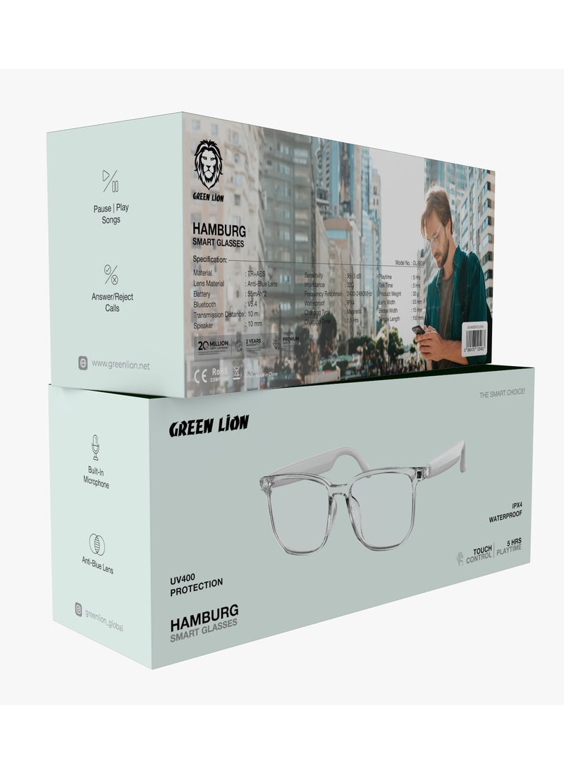 GREEN LION - GL-SG9Hamburg Smart Glasses / Play & Pause / Answer & Reject Calls / Anti-Blue Lens / Built-in Microphone / UV400 Protection / Voice Assistant / Remote Camera / Touch Control / TWS Function - White - Image 1