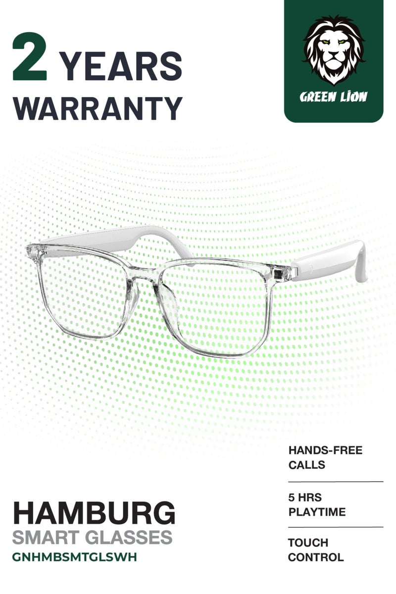 GREEN LION Hamburg Smart Glasses / Play & Pause / Answer & Reject Calls / Anti-Blue Lens / Built-in Microphone / UV400 Protection / Voice Assistant / Remote Camera / Touch Control / TWS Function - White - Image 1