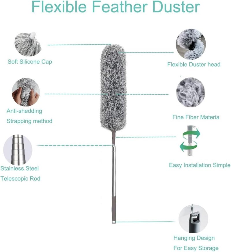 DP FASHION DP FASHION Feather Duster Bendable Microfiber Long Handled Duster with Extra Telescopic Extending Pole and Soft Silicone Cap Washable Duster for Roof High Ceiling Fan Blinds Cobweb1 pcs - Image 4