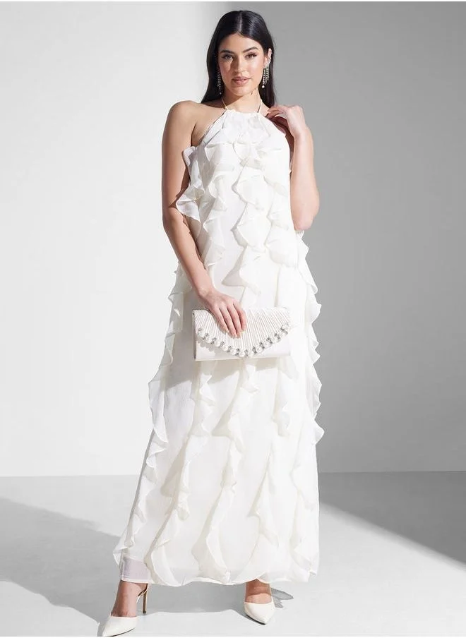 PRETTY LAVISH Ruffled Halter Maxi Dress