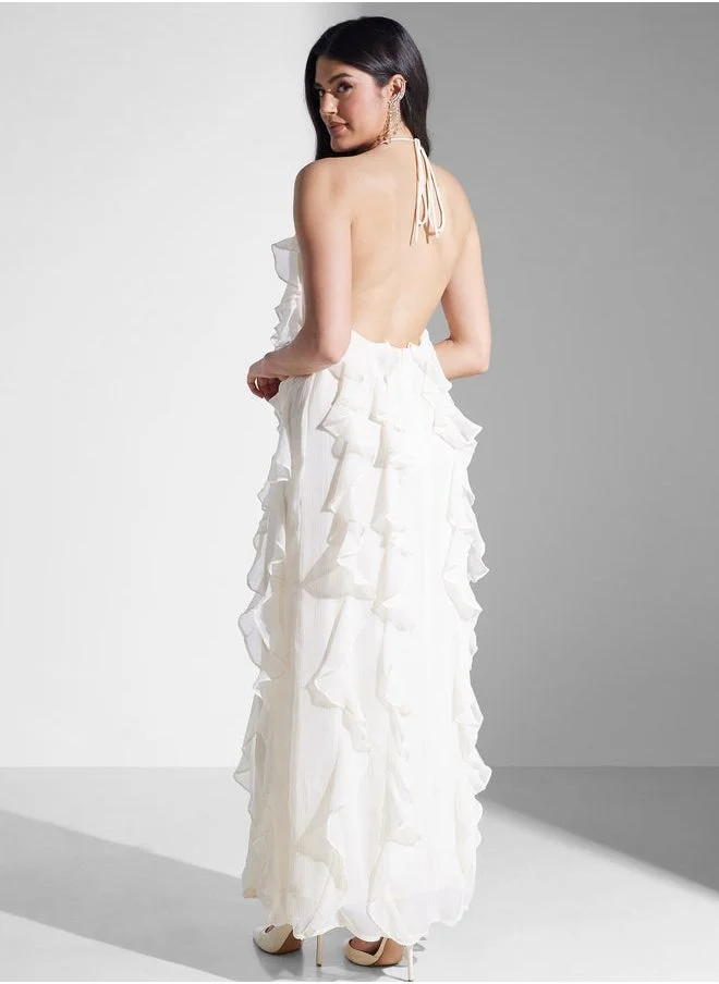 PRETTY LAVISH Ruffled Halter Maxi Dress