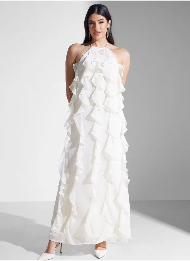 PRETTY LAVISH Ruffled Halter Maxi Dress