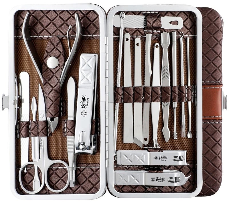 Beauté Secrets Beaut Secrets Essentials 18 Pieces Manicure Kit Pedicure Tools for Feet Nail Clipper Ear Pick Tweezers Manicure Pedicure Set for Women and Men Brown - Image 1