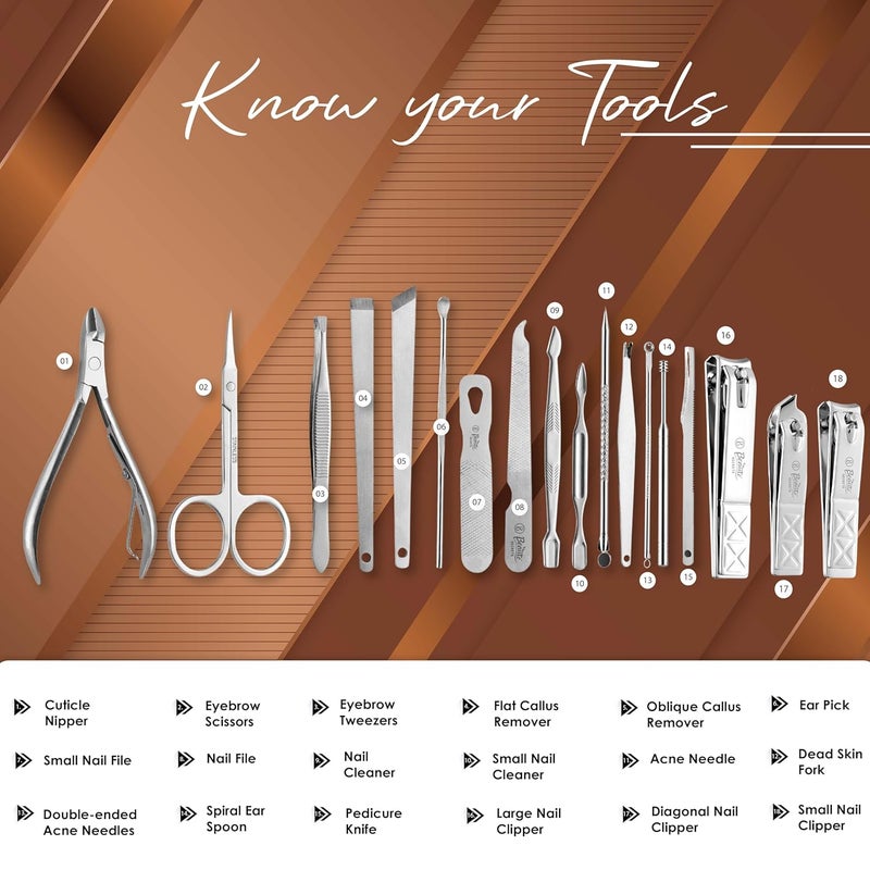 Beauté Secrets Beaut Secrets Essentials 18 Pieces Manicure Kit Pedicure Tools for Feet Nail Clipper Ear Pick Tweezers Manicure Pedicure Set for Women and Men Brown - Image 2