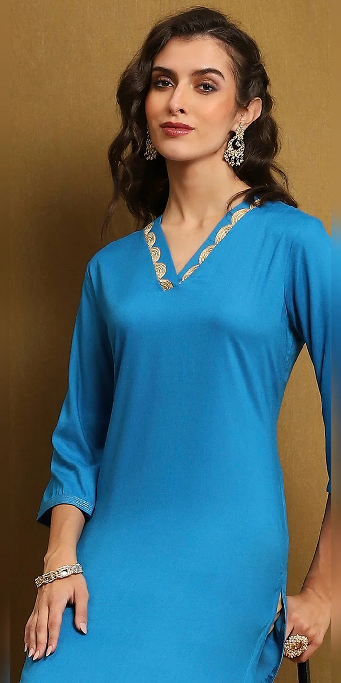 Biba  Women Electric Blue Solid Straight Kurta  | Best Price UAE