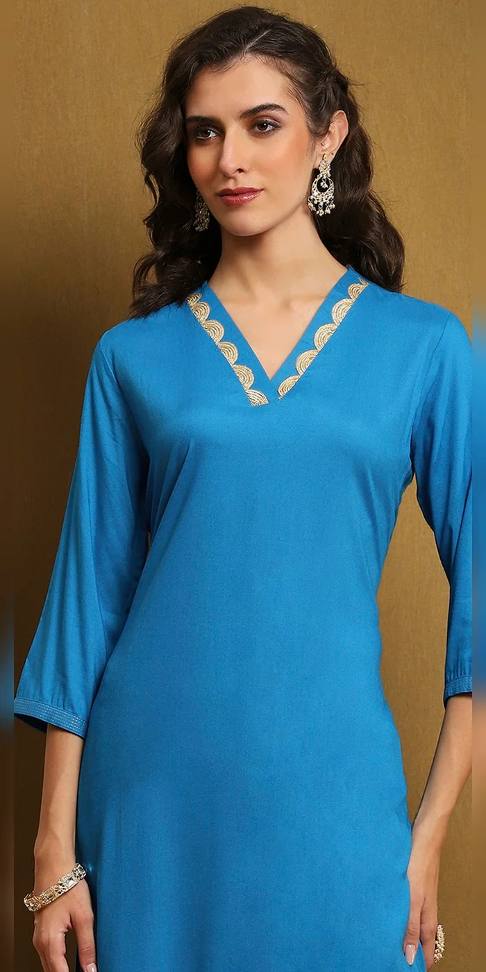 Biba  Women Electric Blue Solid Straight Kurta  | Best Price UAE