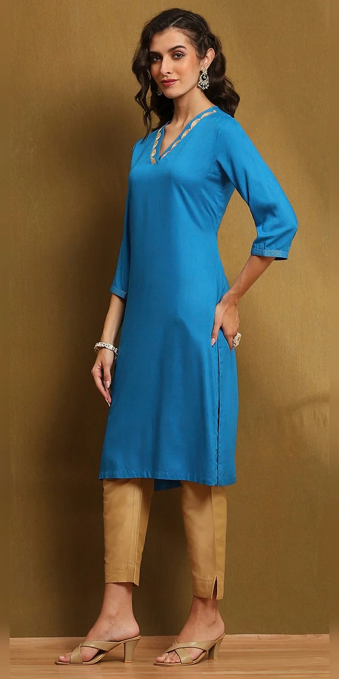 Biba  Women Electric Blue Solid Straight Kurta  | Best Price UAE