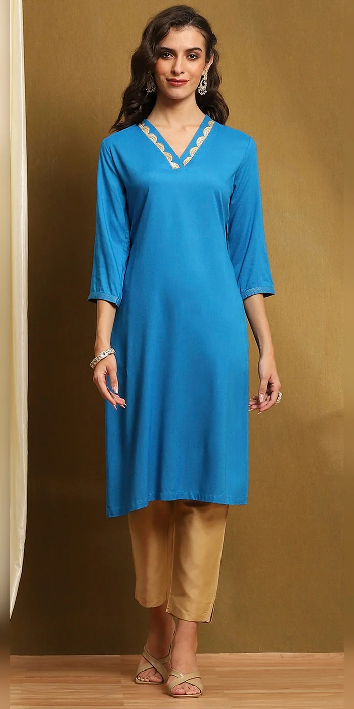 Biba  Women Electric Blue Solid Straight Kurta  | Best Price UAE