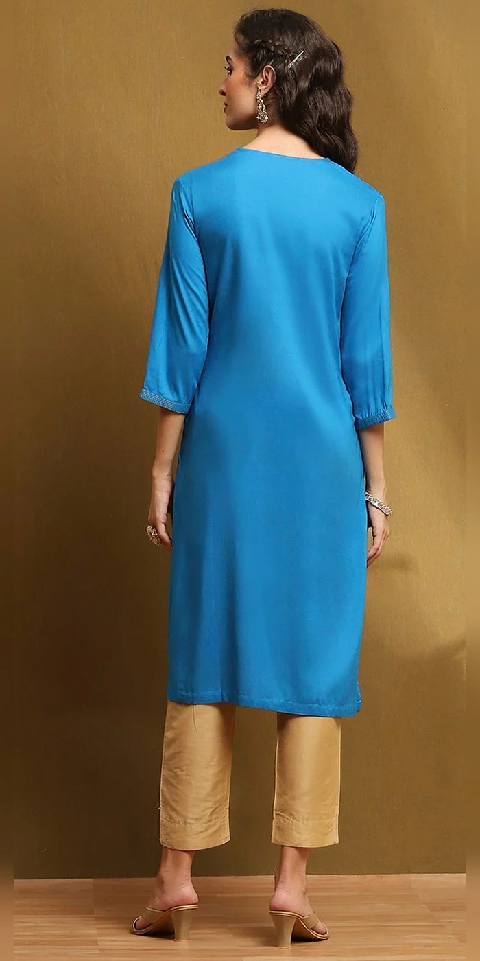 Biba  Women Electric Blue Solid Straight Kurta  | Best Price UAE