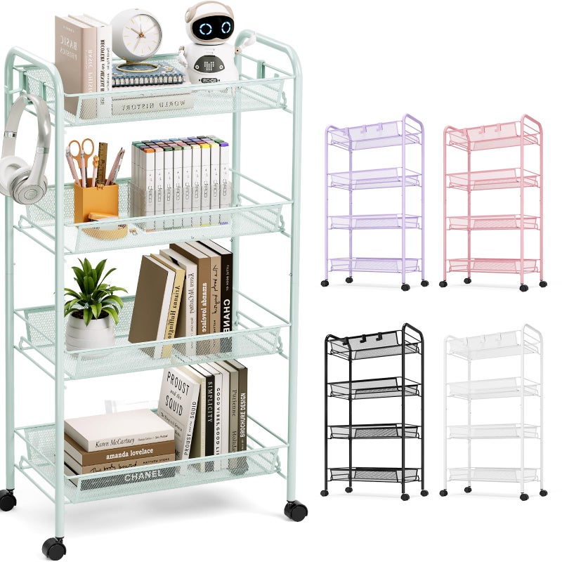 TOOLF 4-Tier Rolling Cart, Metal Utility Cart with 3 Hooks, Easy Assemble Mobile Storage Trolley On Wheels, Metal Shelving Units Kitchen Bathroom Laundry Room - Image 1