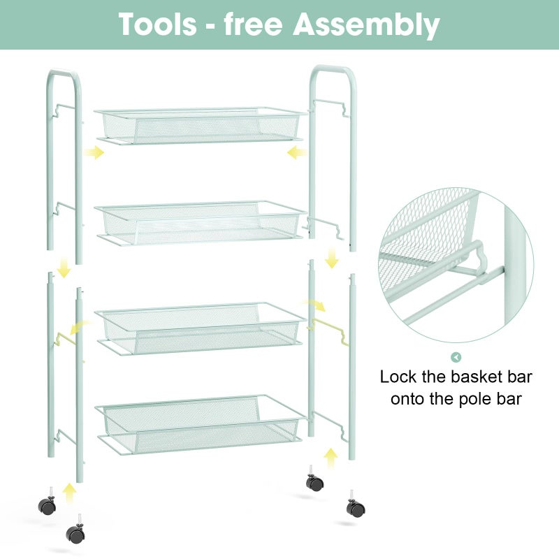 TOOLF 4-Tier Rolling Cart, Metal Utility Cart with 3 Hooks, Easy Assemble Mobile Storage Trolley On Wheels, Metal Shelving Units Kitchen Bathroom Laundry Room - Image 5