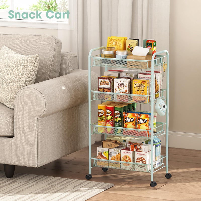 TOOLF 4-Tier Rolling Cart, Metal Utility Cart with 3 Hooks, Easy Assemble Mobile Storage Trolley On Wheels, Metal Shelving Units Kitchen Bathroom Laundry Room - Image 2