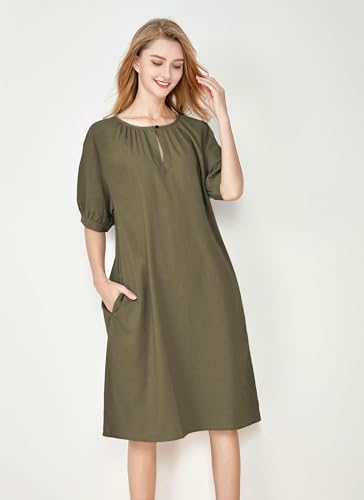 Minibee Women's Cotton Linen Dress Short Sleeve Midi Casual Tunic Dress with Pockets (XL, Army Green) - Image 3