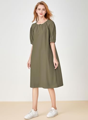 Minibee Women's Cotton Linen Dress Short Sleeve Midi Casual Tunic Dress with Pockets (XL, Army Green) - Image 2