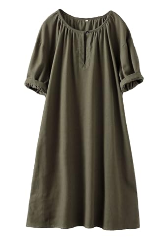 Minibee Women's Cotton Linen Dress Short Sleeve Midi Casual Tunic Dress with Pockets (XL, Army Green) - Image 4