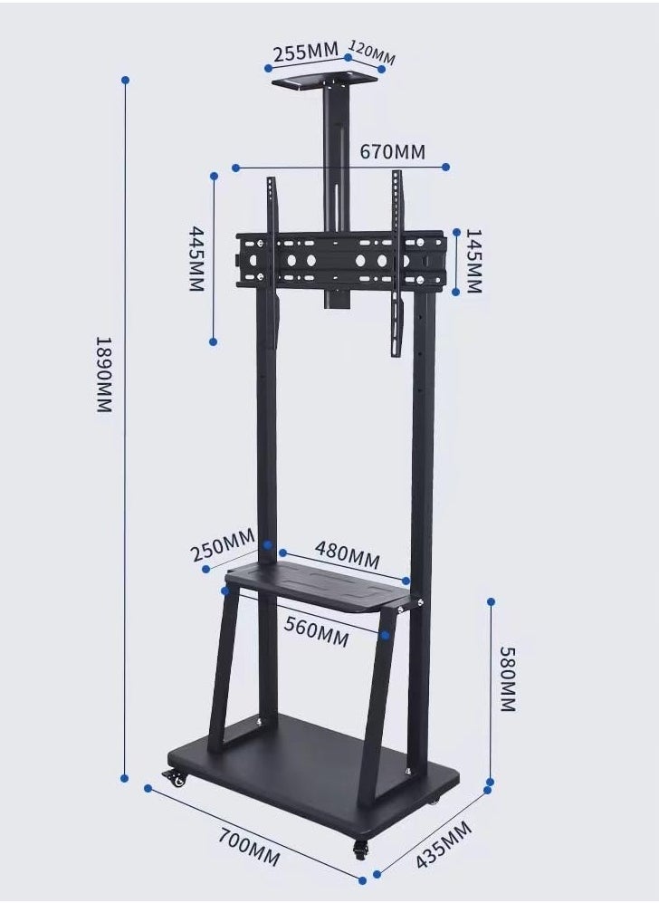 Rolling TV Cart TV Stand Mobile Flat Screen with Lockable Casters Stand Height Adjustable 2 Tier AV Shelves for Large Flat Panel LED LCD Plasma Screen 32-70 inch Vesa 600x400mm 70x43x180cm