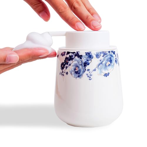Agyiuns Soap Dispenser, Ceramic Foaming Soap Dispenser with Easy-to-Press Pump for Bathroom 10.8 oz refillable Liquid Hand soap Dispenser for Hand sanitizers, lotions (Blue Flower Foam Dispenser) - Image 1