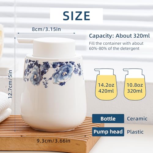 Agyiuns Soap Dispenser, Ceramic Foaming Soap Dispenser with Easy-to-Press Pump for Bathroom 10.8 oz refillable Liquid Hand soap Dispenser for Hand sanitizers, lotions (Blue Flower Foam Dispenser) - Image 2