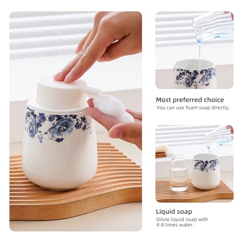 Agyiuns Soap Dispenser, Ceramic Foaming Soap Dispenser with Easy-to-Press Pump for Bathroom 10.8 oz refillable Liquid Hand soap Dispenser for Hand sanitizers, lotions (Blue Flower Foam Dispenser) - Image 3