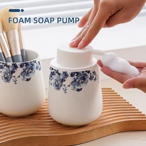 Agyiuns Soap Dispenser, Ceramic Foaming Soap Dispenser with Easy-to-Press Pump for Bathroom 10.8 oz refillable Liquid Hand soap Dispenser for Hand sanitizers, lotions (Blue Flower Foam Dispenser) - Image 4