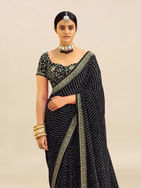 Shiv Textiles Women's Georgette Bandhani Printed & Lace Border Saree(SAT-533S-BLACK) - Image 2