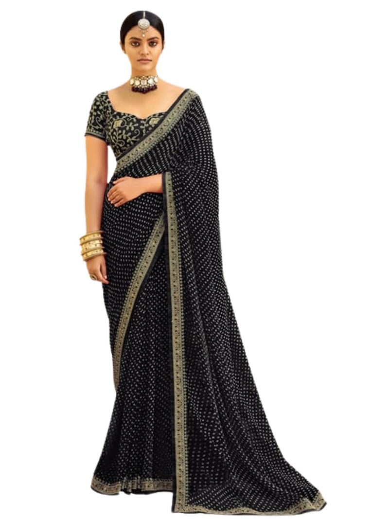 Shiv Textiles Women's Georgette Bandhani Printed & Lace Border Saree(SAT-533S-BLACK) - Image 1