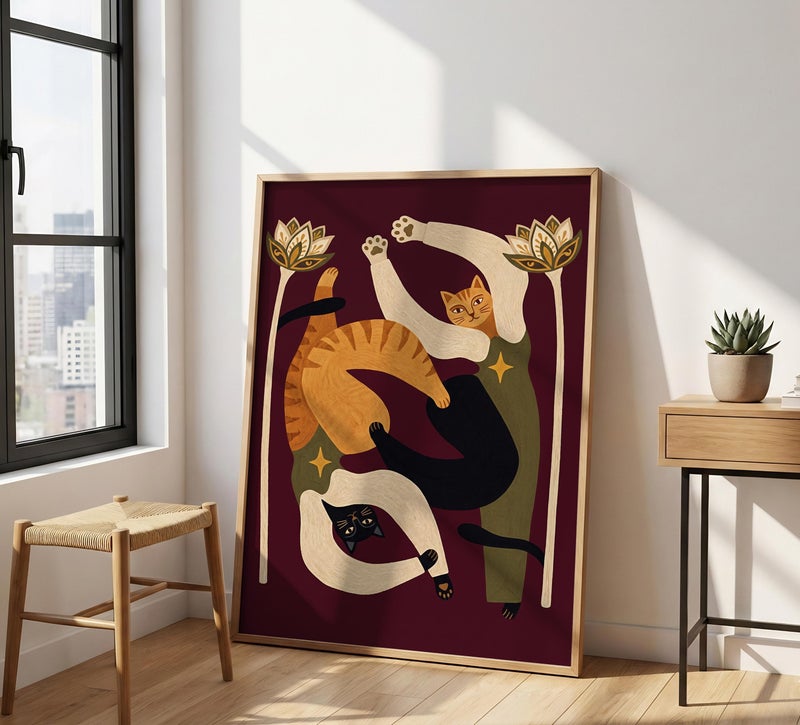 TNESSENTIAL Abstract Dancing Cat Print – Boho Folk Feline Wall Art, Moody Eclectic Decor, Yin Yang Animal Poster, Whimsical Cat Lover Gift, Folk Art - Image 4