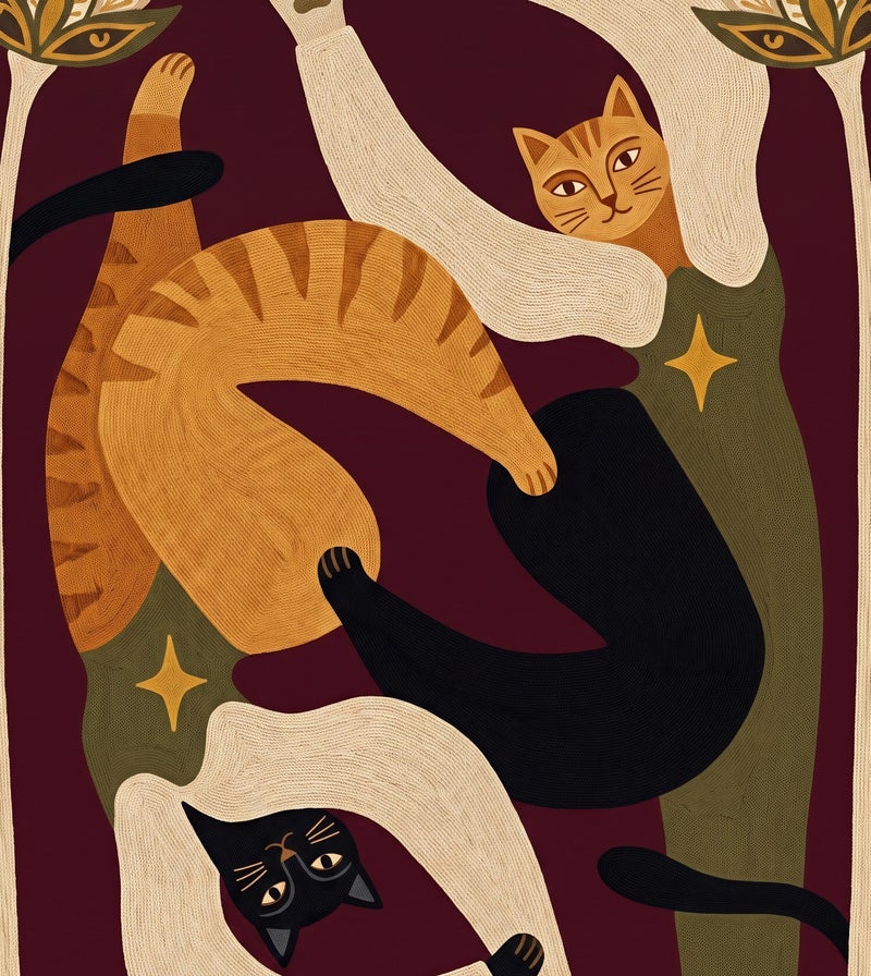 TNESSENTIAL Abstract Dancing Cat Print – Boho Folk Feline Wall Art, Moody Eclectic Decor, Yin Yang Animal Poster, Whimsical Cat Lover Gift, Folk Art - Image 2