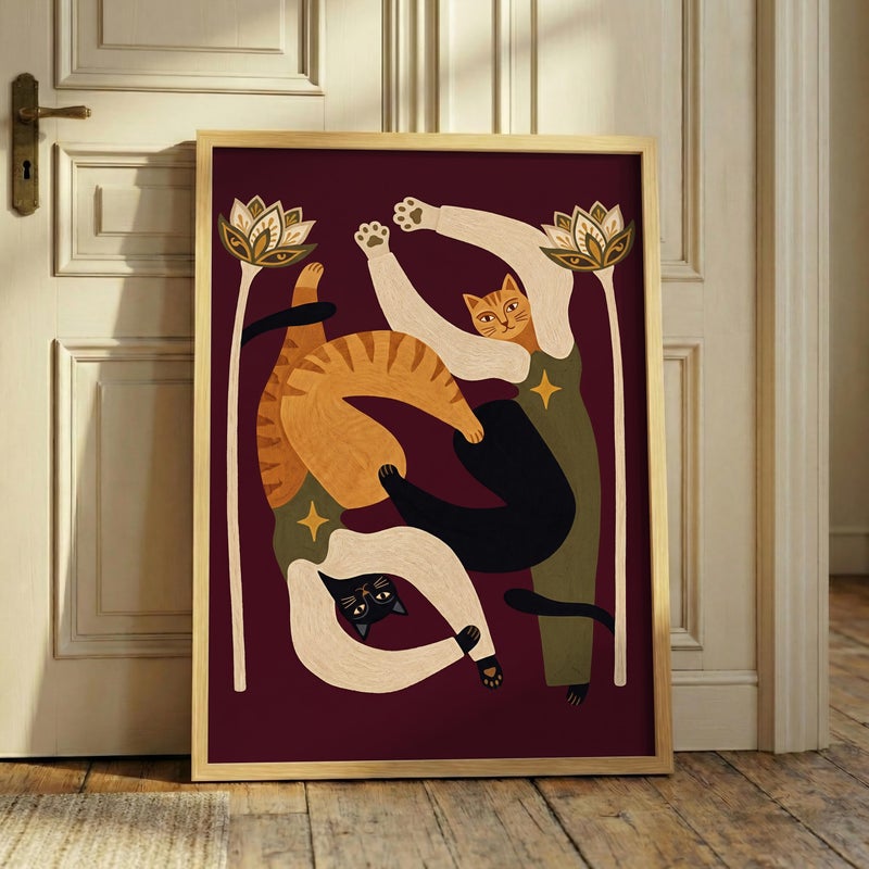 TNESSENTIAL Abstract Dancing Cat Print – Boho Folk Feline Wall Art, Moody Eclectic Decor, Yin Yang Animal Poster, Whimsical Cat Lover Gift, Folk Art - Image 1