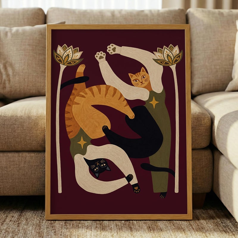 TNESSENTIAL Abstract Dancing Cat Print – Boho Folk Feline Wall Art, Moody Eclectic Decor, Yin Yang Animal Poster, Whimsical Cat Lover Gift, Folk Art - Image 5