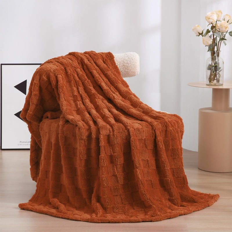 Linecooo Burnt Orange Fleece Throw Blanket 50â€Ã—60â€ for Couch Sofa Bed,Super Soft Cozy Plush Microfiber Flannel Blanket with 3D Checkered Design Lightweight for Adults,Woman,Girls - Image 1
