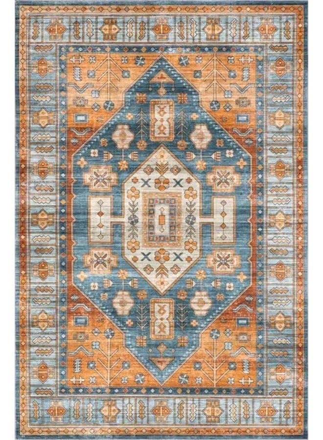 سجادة فيروزية وبرتقالية عصرية مزخرفة - بديل سجاد ثابت قابل للغسل (160x230 سم) - Image 2