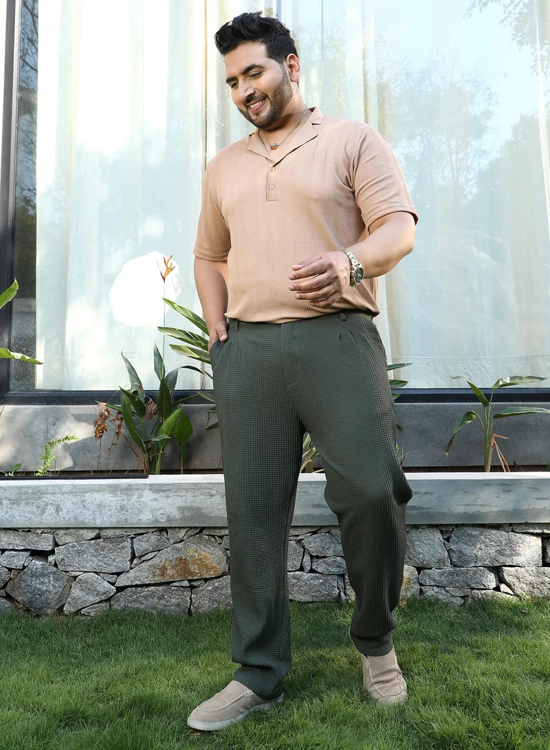 Instafab Plus  Instafab Plus Men's Forest Green Textured Graph Check Trousers For Casual Wear | Mid-Rise | Regular Fit | Button Closure | Plus Size Trousers Crafted With Comfort Fit For Everyday Wear for Men | Best Price UAE