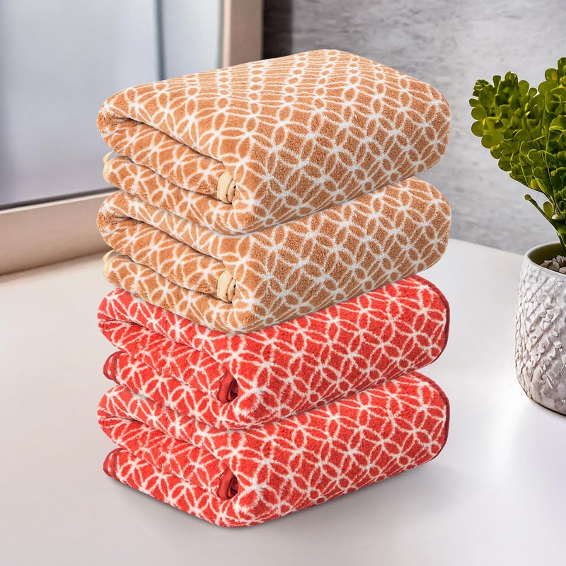 Kuber Industries 4 Pcs Microfiber 19x38 Inch Soft Face Towels for Women and Men | 280 GSM Quick Dry & Absorbent Hanging Hand Towels for Wash Basin Bathroom, Kitchen and Home | Circle - Red & Golden - Image 1
