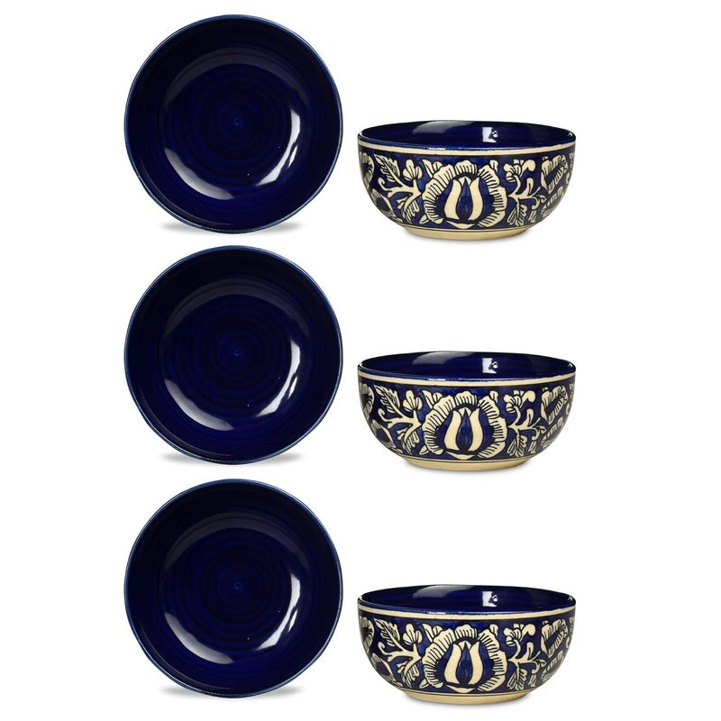 Caffeine Caffeine Ceramic Handmade Blue Mughal Katori Bowl with Spoon Set of 6 - Image 1