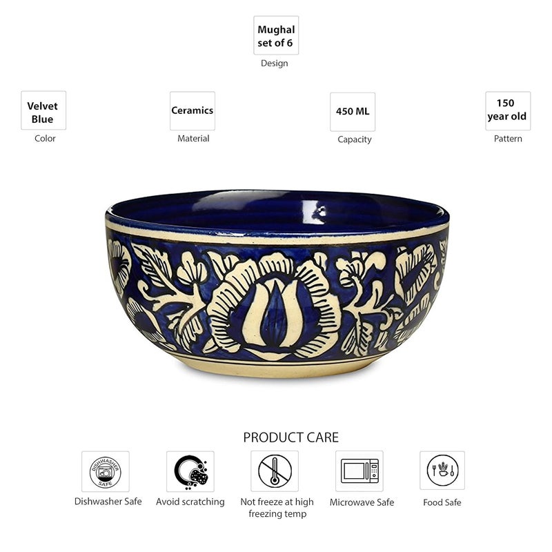 Caffeine Caffeine Ceramic Handmade Blue Mughal Katori Bowl with Spoon Set of 6 - Image 4