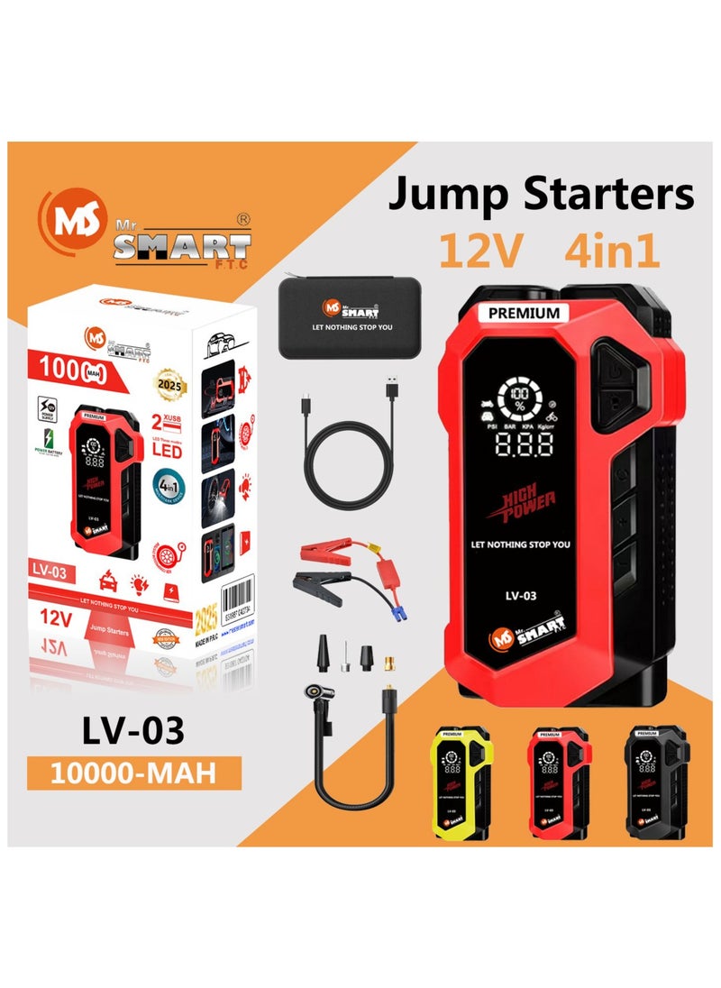 MR.SMART LV-03 Car Jump Starter, 12V 10000mAh, 4-in-1 Portable Power Bank with LED Light, Black and Red  - Image 1