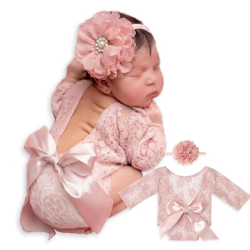 ForBaysy Newborn Photography Props Outfit Lace Romper with Cute Flower Headband Newborn Dress Posing Props - Image 2