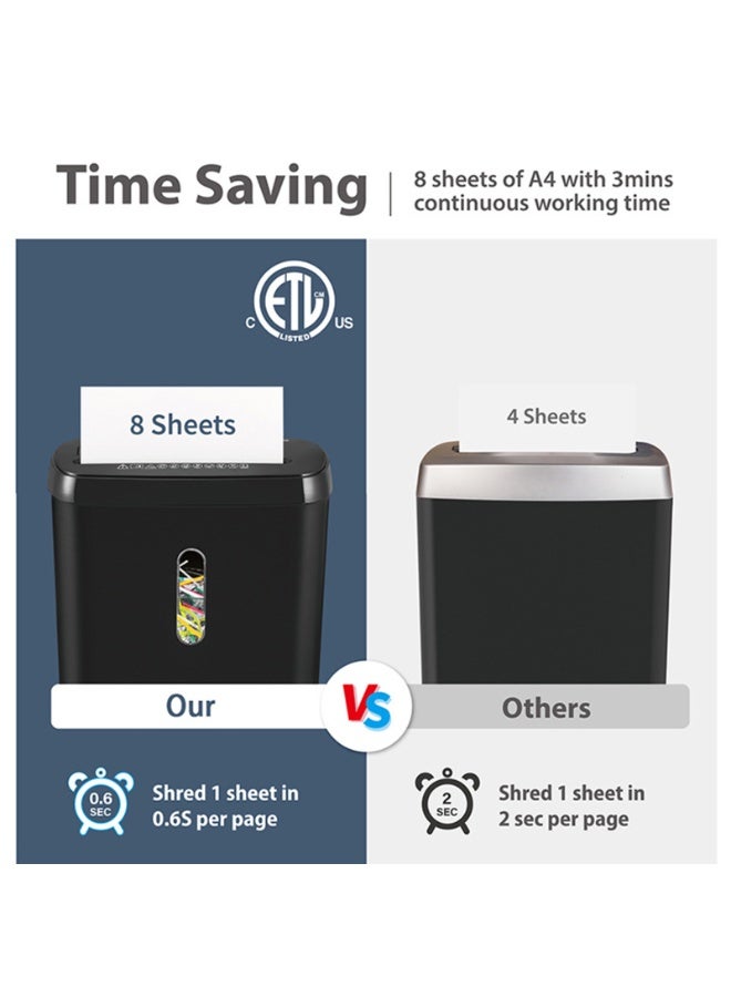 8-Sheet Paper Shredder with Strip-Cut Technology, CD/Credit Card Shredding, and Overheat Protection - 1.2L Transparent Bin for Home & Office Use, Black - Image 4