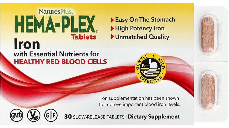 NaturesPlus HemaPlex Iron 30 SlowRelease Tablets 85 mg Chelated Iron Total Blood Health With Vitamin C Bioflavonoids Non GMO Vegetarian Gluten Free 30 Servings - Image 1