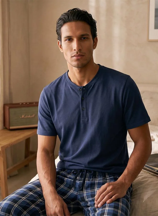 Splash FAV Blue Checked Henley Neck Nightwear Set for Men | Best Price UAE