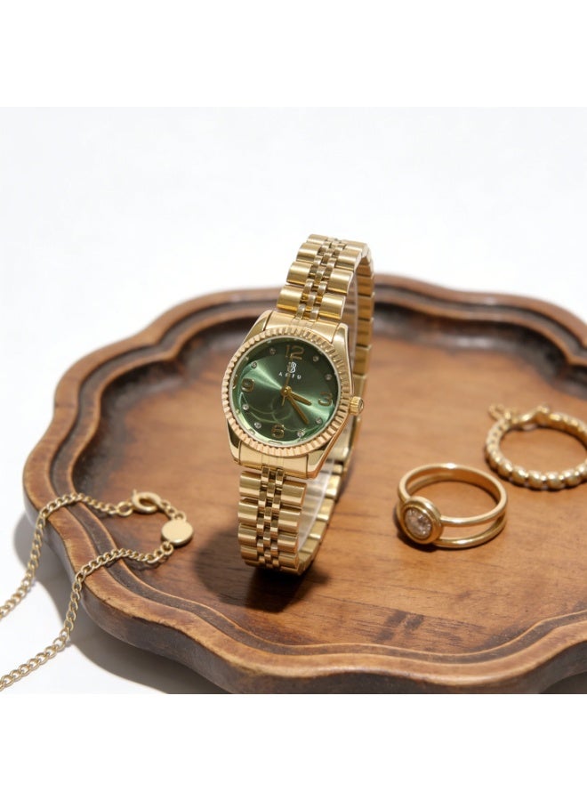 ABIU Women's Gold-Tone Quartz Watch – Green Dial, Crystal Hour Markers, Stainless Steel Jubilee Bracelet, Elegant Gift for Her - Image 5